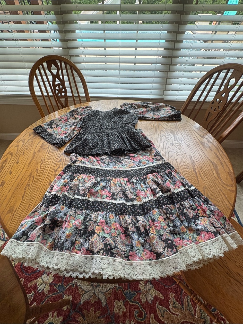 Vintage 70s 80’s Prairie Patchwork Tiered Skirt Smocked Ruffle Peasant Top Set S